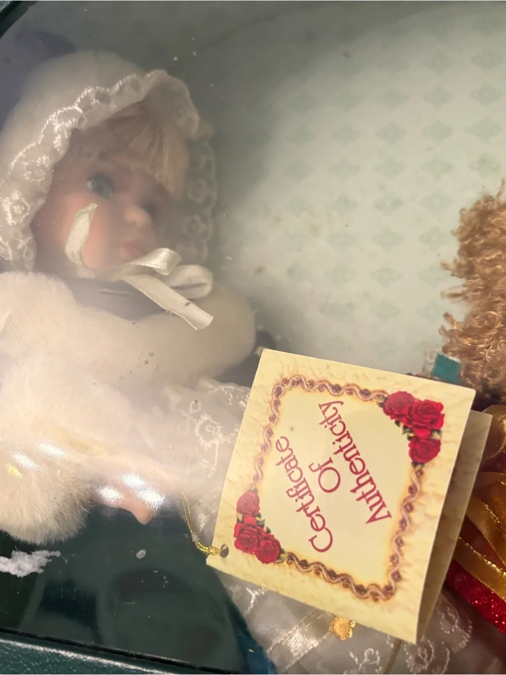Vintage Green Holiday Doll & Bear Decorative Set